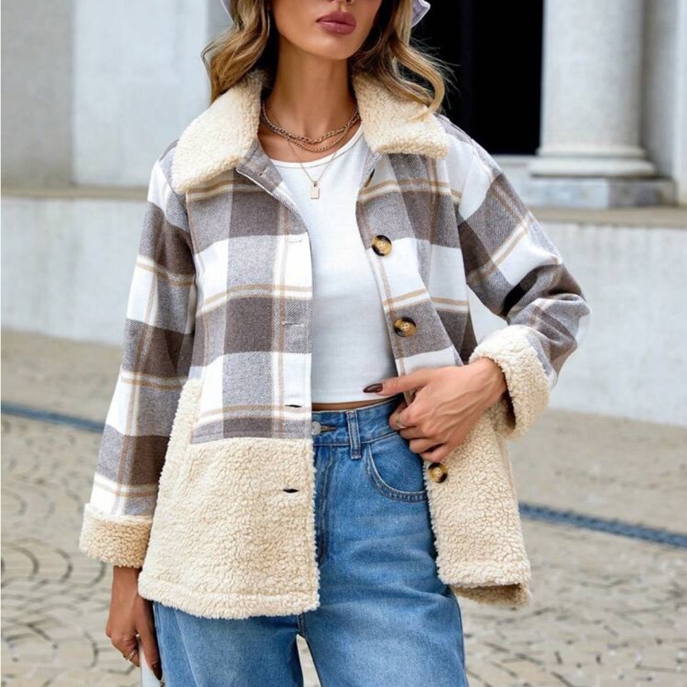 Boho contrast fur plaid coat jacket